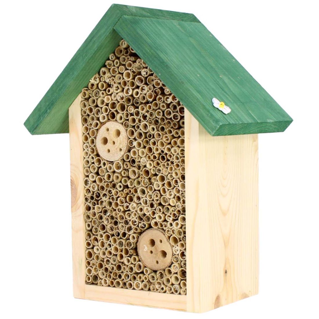 Insektenhotel für Wildbienen mit grünem Dach