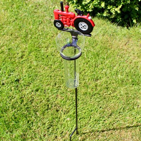 Regenmesser Traktor mit Glas Gartenstecker aus Gusseisen rot