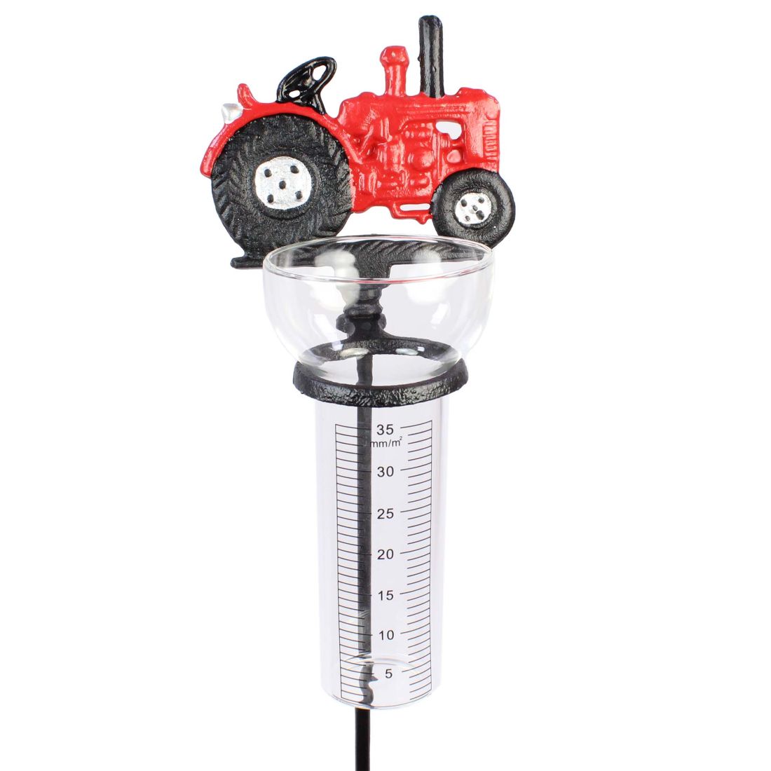 Regenmesser Traktor mit Glas Gartenstecker aus Gusseisen rot