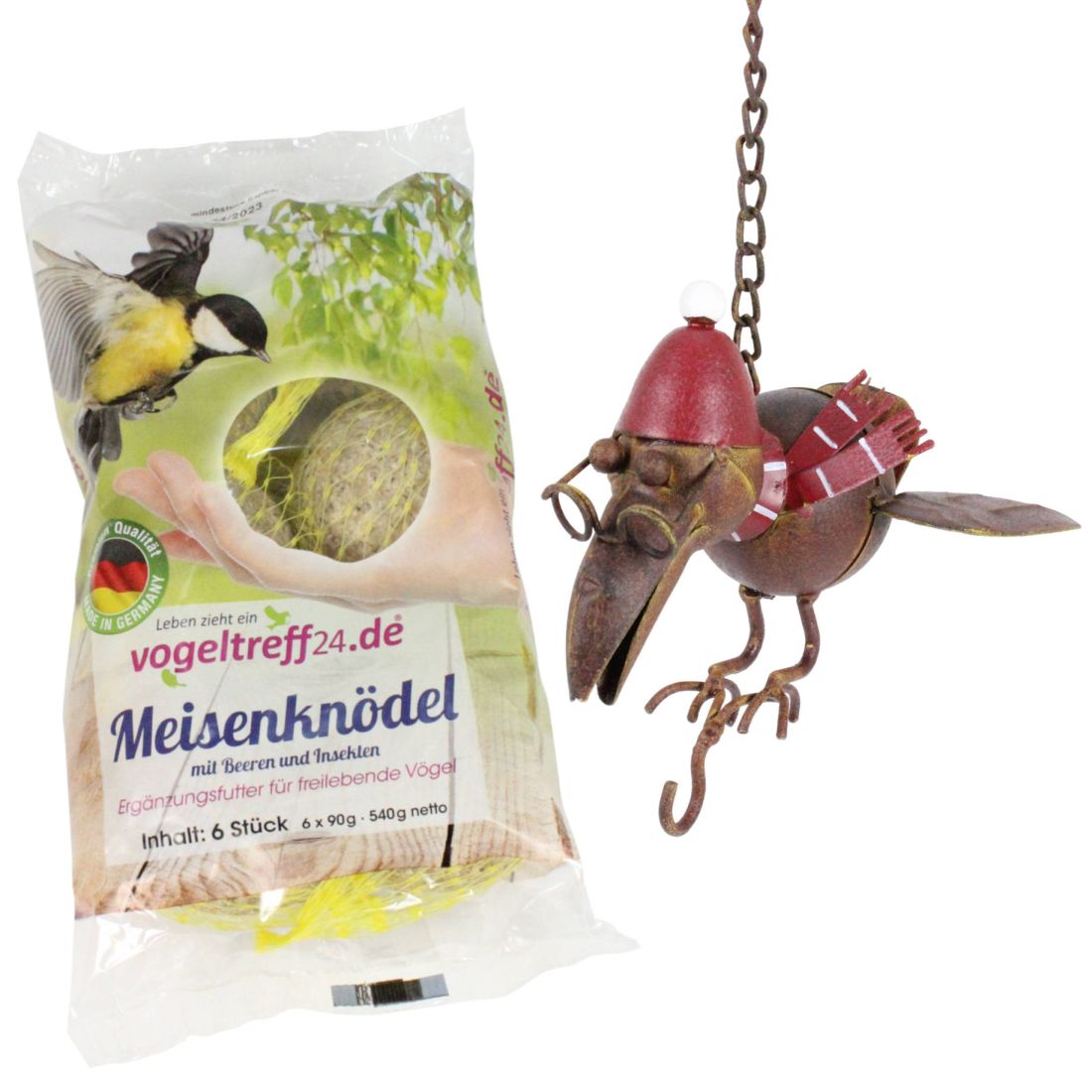 SET Kleiner Vogel Lothar fliegend Futterplatz + 6 Meisenknödel