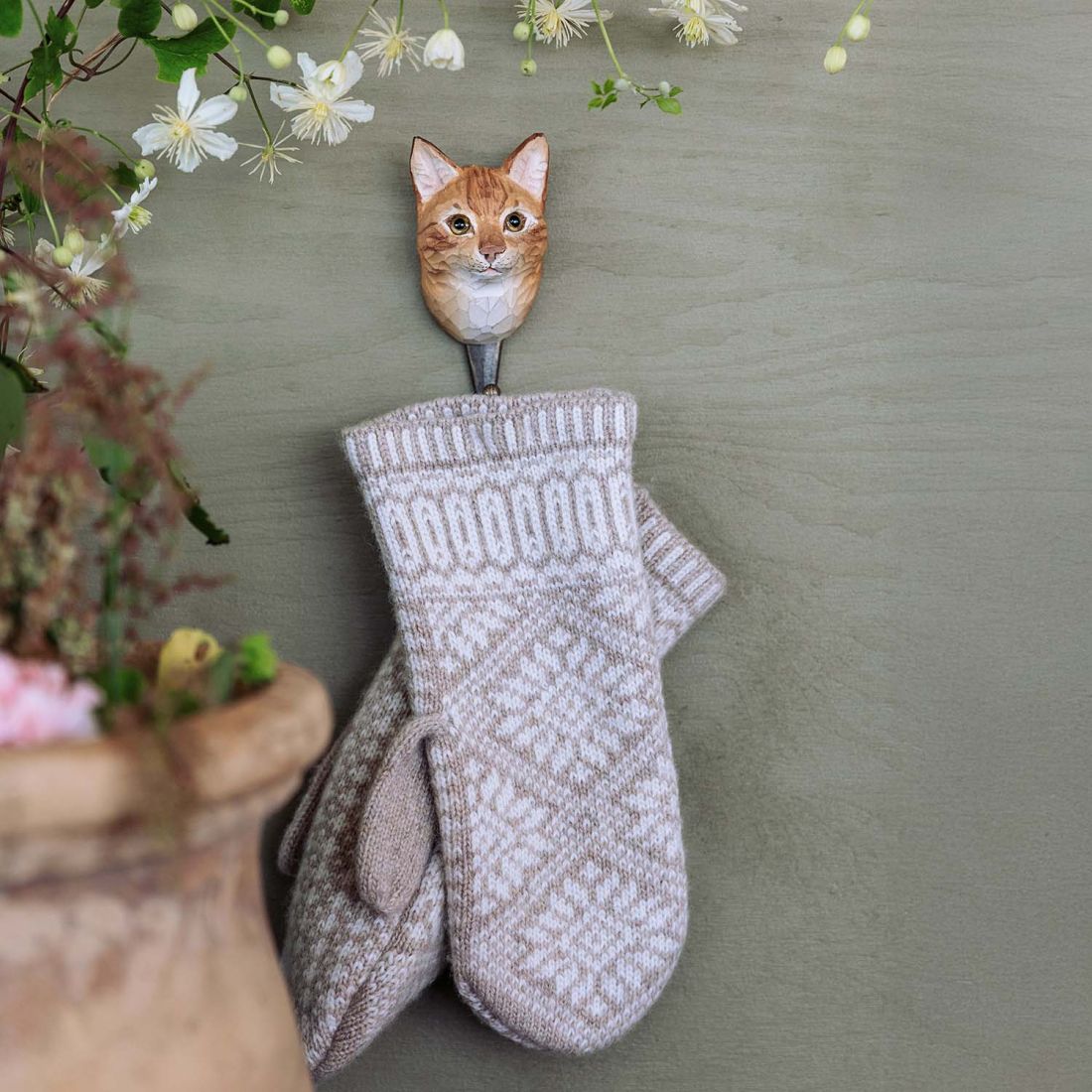 Wildlife Garden Haken Katze handgeschnitzt