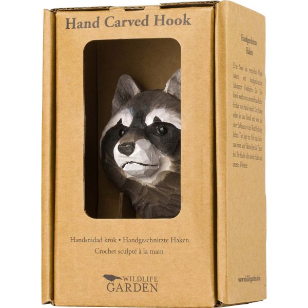 Waschbär handgeschnitzter Kleiderhaken von Wildlife Garden verpackt