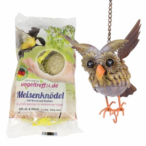 SET Futterplatz Eule Balduin zum Hängen + 6 Meisenknödel