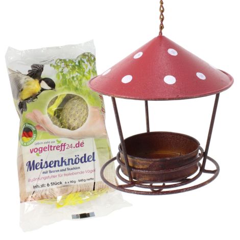SET Futterhäuschen z.Hg. mit Schale rot weiß + 6 Meisenknödel
